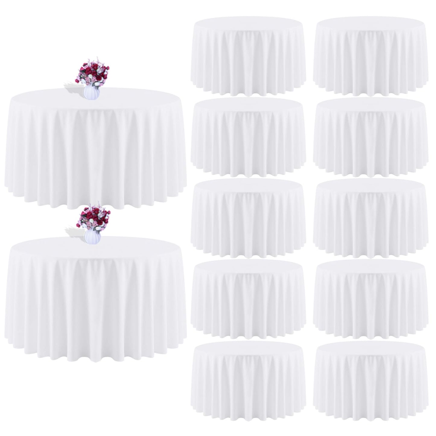 120 Inch White Round Tablecloth, 8 Pack | Wrinkle Resistant, For 4Ft-7Ft Round Table, Polyester Fabric, Washable Table Cloth, For Dining Wedding Party Buffet