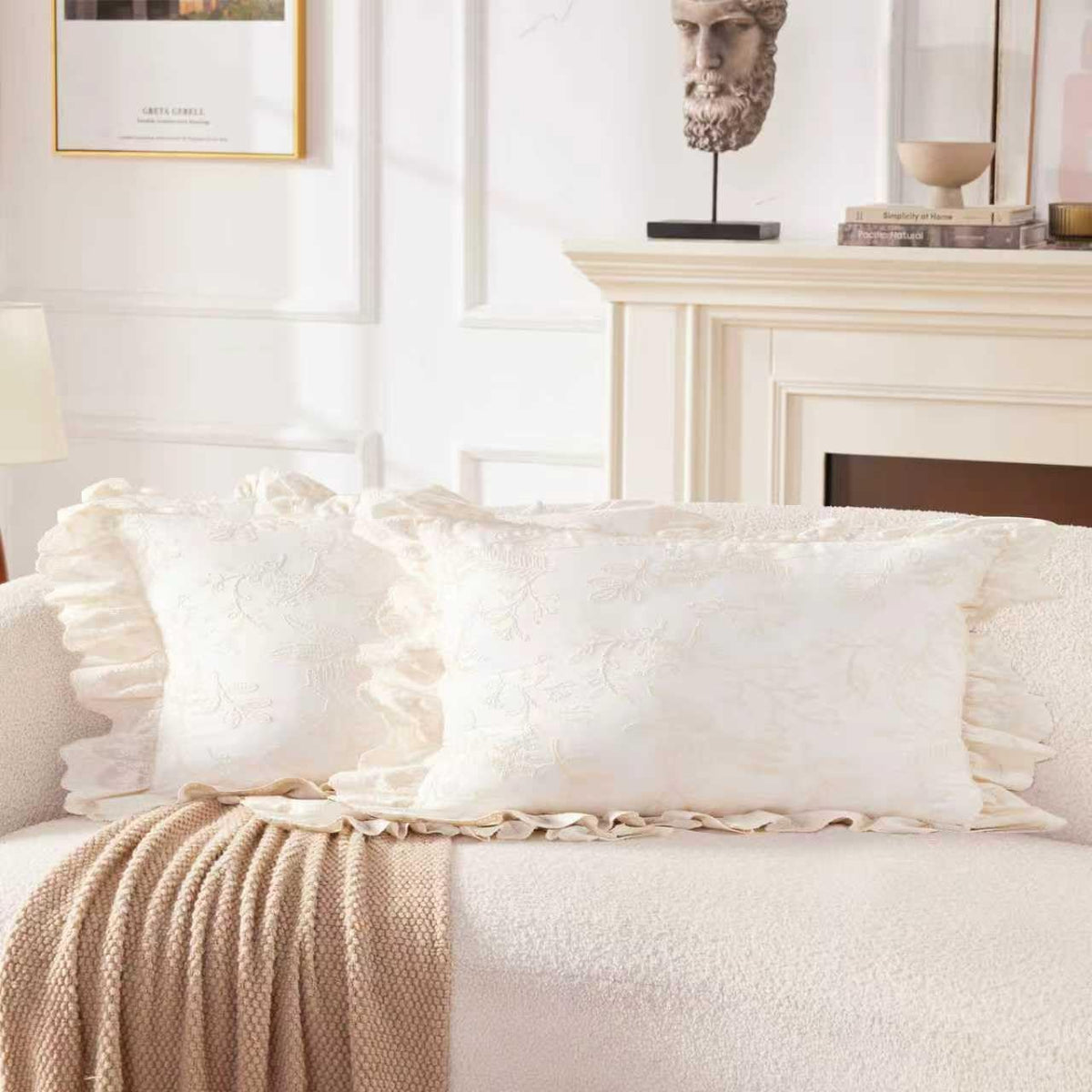 HAUSFRAU 18x18 Throw Pillow Covers Pillowcase Set of 2, French Style Cream | Floral Embroidered & Lace Ruffle Trim Chic Decorative Square Pillowcase Pillow Sham for Sofa, Couch, Wedding, Square