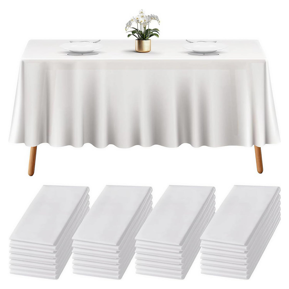 Prestee 12-Pack White and Gold Tablecloth - 54x108 Inch - Disposable Table Covers for Party, Weddings, and Holidays - Waterproof Christmas Tablecloth, Stain-Resistant Plastic Table Cover Set