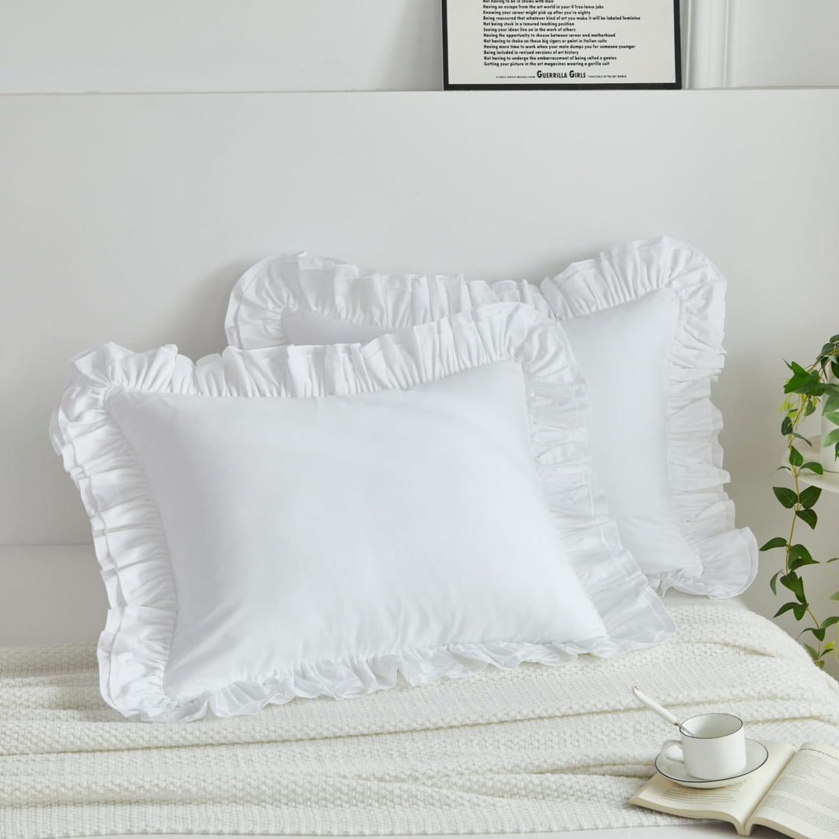 Lemfux Cotton Euro Shams with White Lace Ruffles, 26 x26 Inch, Set of 2,Rustic Farmhouse Lace Shabby Soft Breathable Bridal Pure White European, White Decorative Pillow Covers