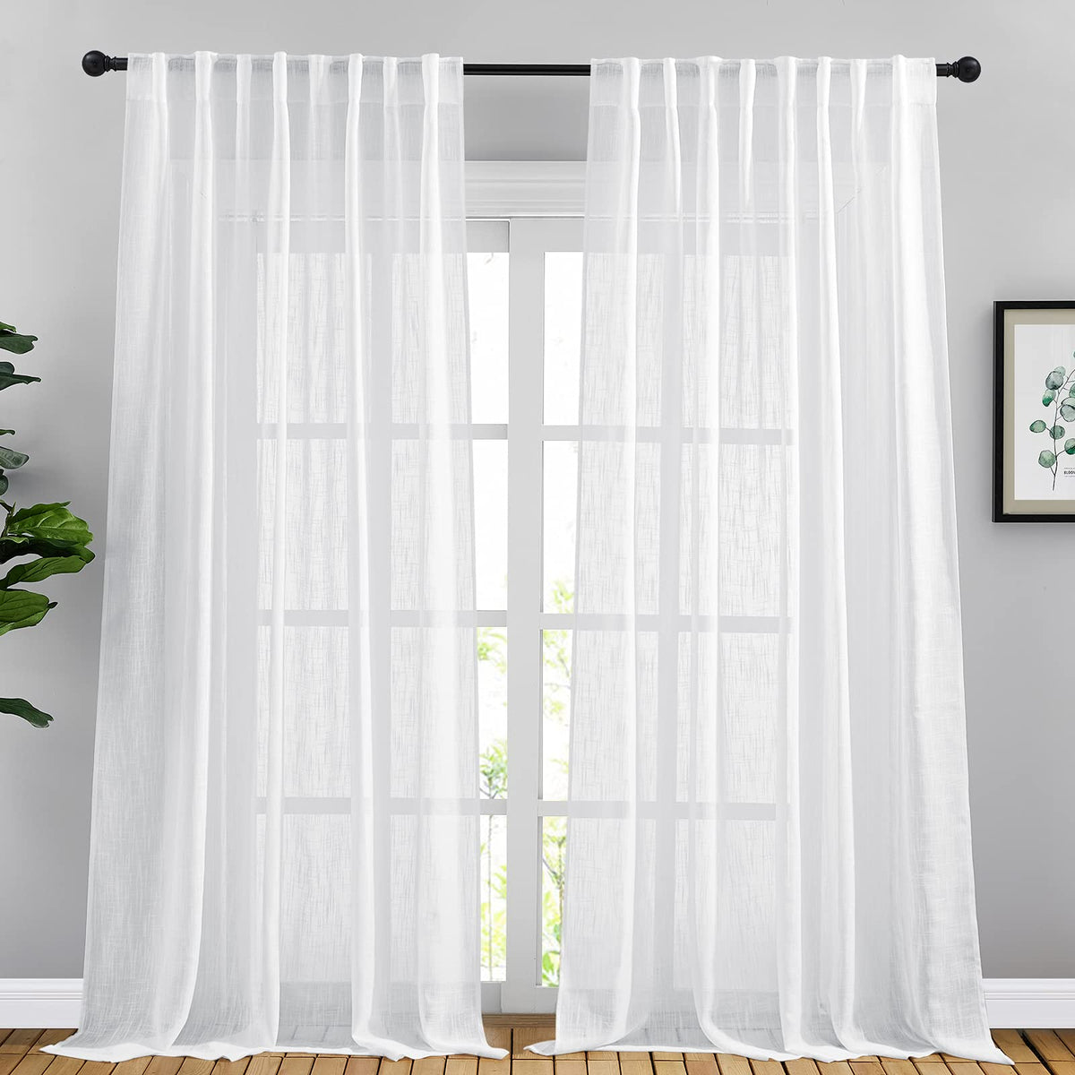NICETOWN Flax Linen Curtains 84 inch Long, Rod Pocket & Back Tab Semi Sheer Vertical Drapes Privacy Added with Light Filtering for Bedroom/Living Room, Burlap, W52 x L84, 2 Pieces