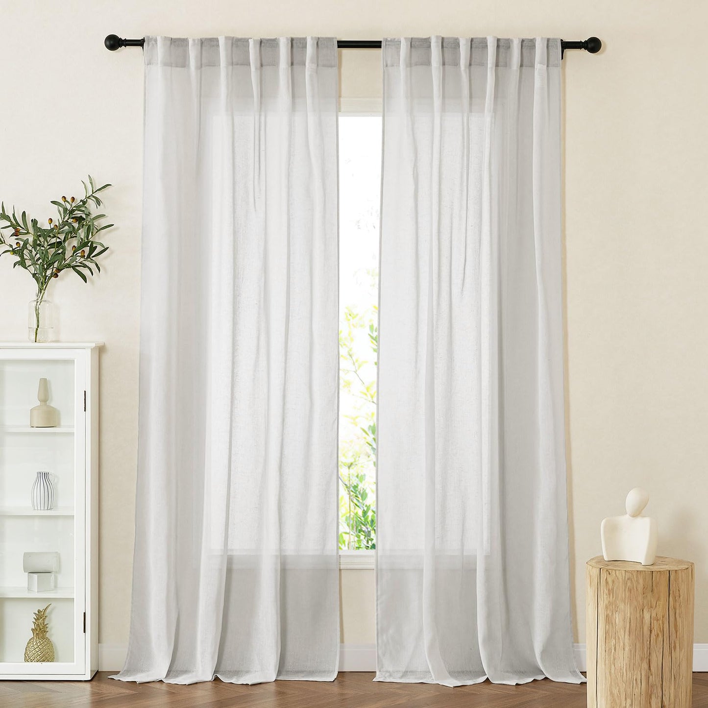 PONY DANCE White Sheer Curtains 96 inches Long, 2 Panels | Floor to Ceiling Curtains Living Room Window Treatments Natural Linen Blended Sheer Drapes for Bedroom, 52 Wide x 96 Long