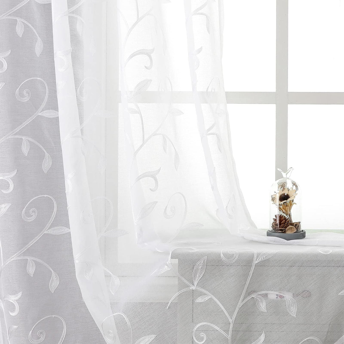 Sheer Curtains Boho Leaf Floral Embroidered Cream Beige 54Wx84L | Light Filtering Semi Sheer Voile Curtains With Design, Rod Pocket Window Drapes for Bedroom Living Room 2 Panels