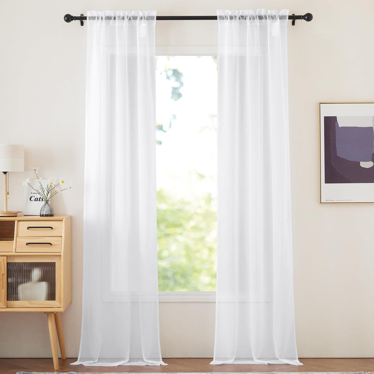 NICETOWN White Sheer 96 inches Long Curtains for Living Room, Rod Pocket Lightweight Drapes Voile Sheer Air & Breathable Window Treatments for Bedroom, W42 x L96, 2 Panels