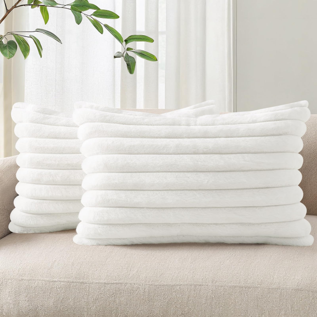 Pallene Faux Fur Decorative Throw Pillow Covers 18x18 Set of 2, Cream White | Luxury Plush Texture, Striped Design, Cozy Soft Touch, Modern Home Accent Decor for Couch, Sofa, Bed, Living Room