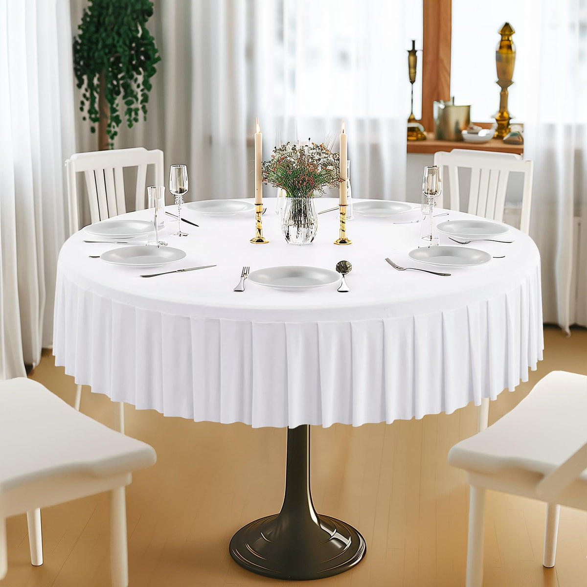 8 Pack Champagne Spandex Round Tablecloths for 72in Table, Stretchy Fitted 6FT Round Table Cloths, Wrinkle Free Table Cover with Skirt for Wedding Birthday Party Bridal Shower Banquet