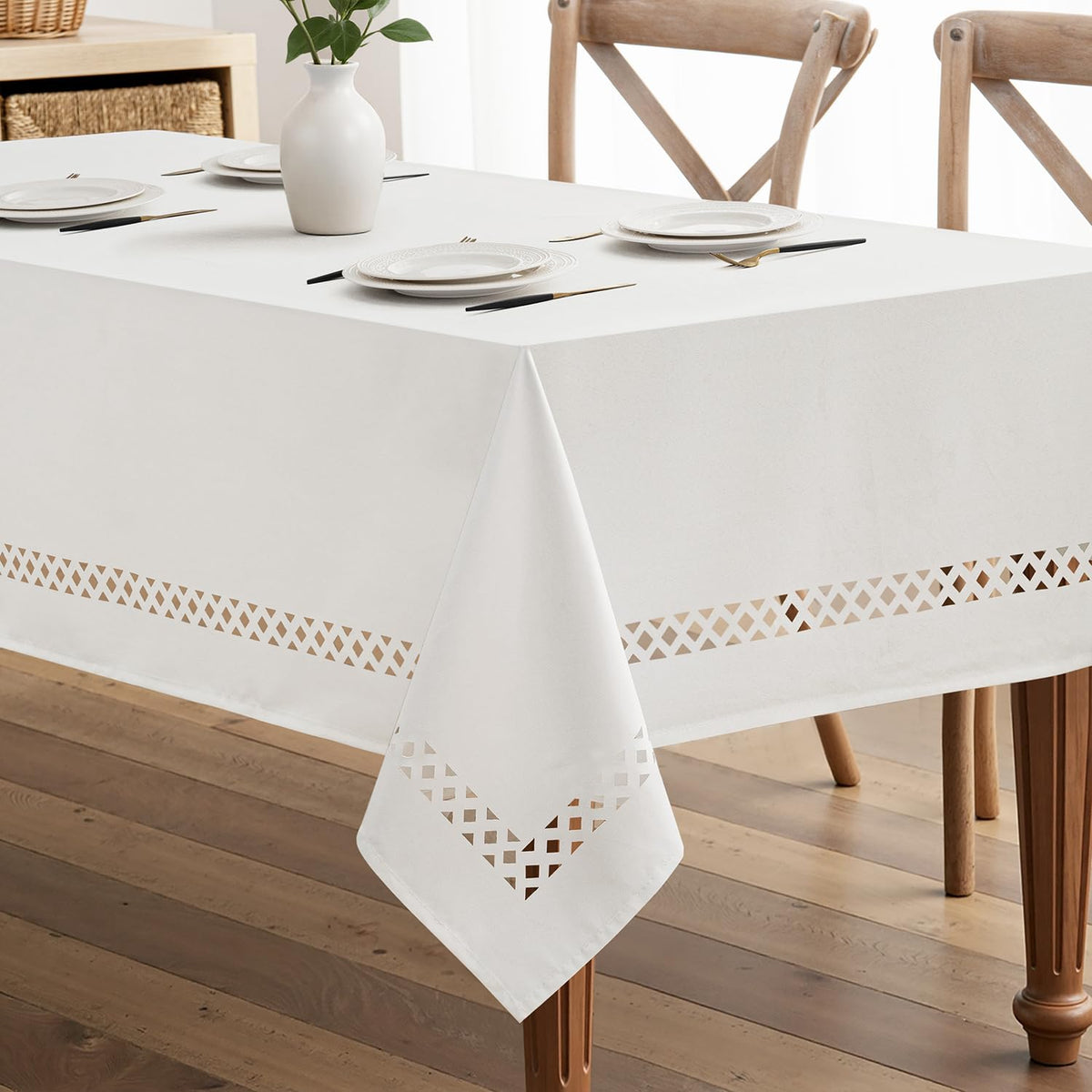 MIULEE Beige Rectangle Tablecloth with Decorative Cutouts 52x70 Inch | Waterproof Stain Resistant & Shrink-Proof Table Cloth, Farmhouse Style, for Dining Wedding Kitchen Party Outdoor