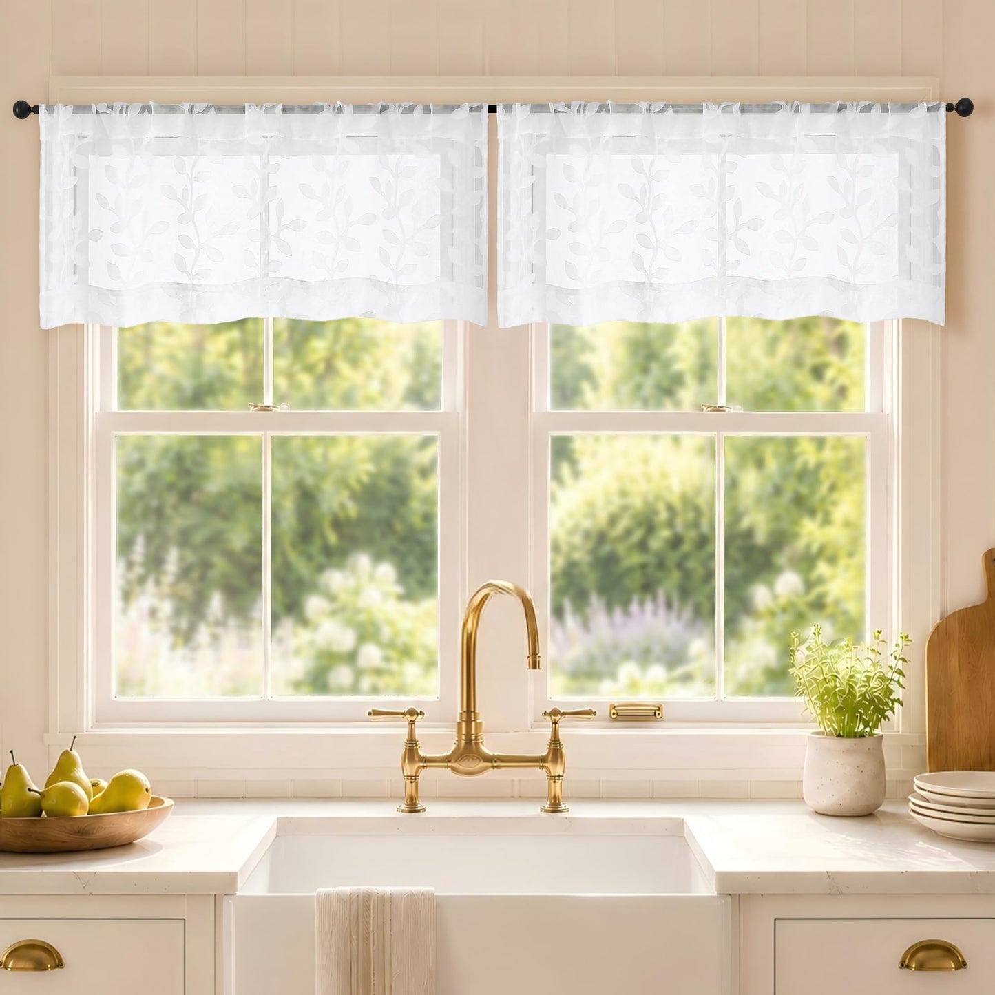 White Sheer Curtains 84 Inches Long - Light Filtering Leaf Jacquard Textured Semi Sheer Curtains, Rod Pocket Drapes for Living Room Bedroom 2 Panels Set, 2x37Wx84L Inches