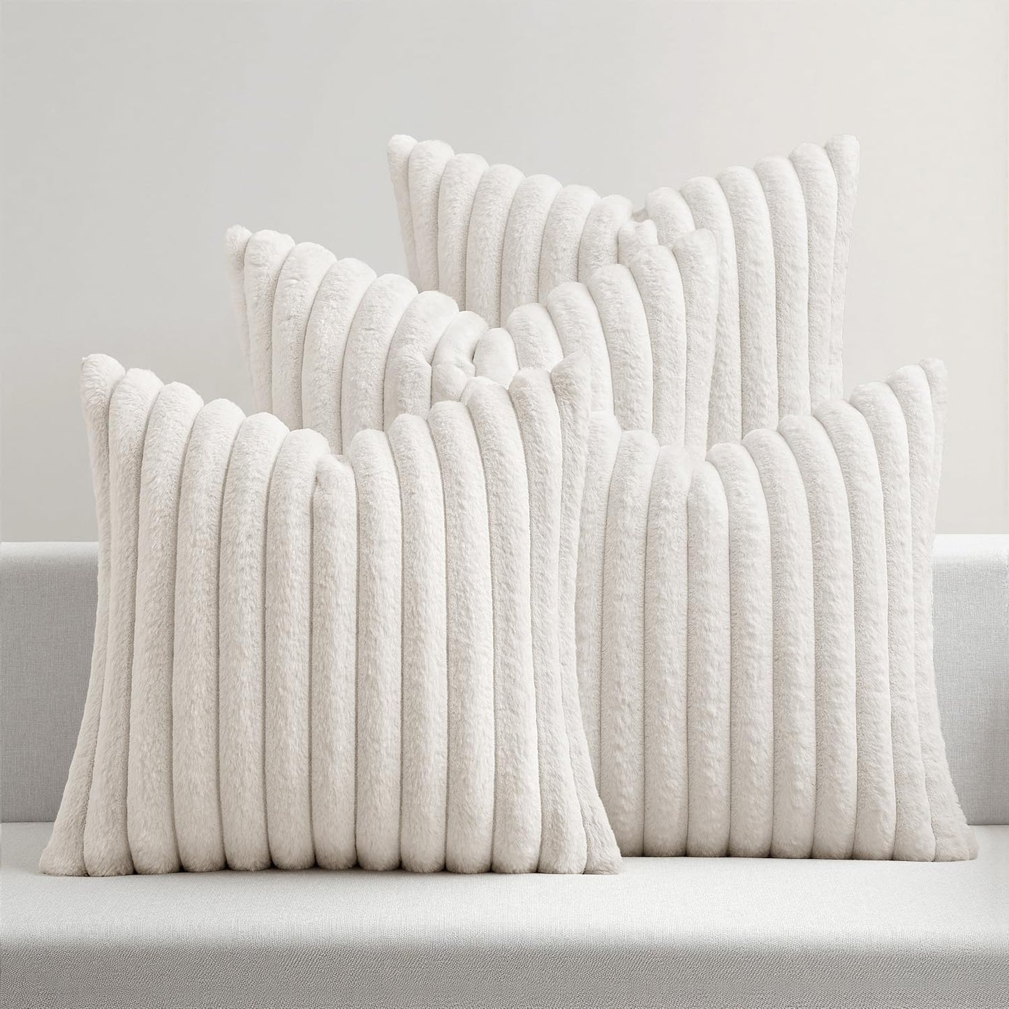 MIULEE Faux Fur Plush Decorative Throw Pillow Covers 18x18, Navy Blue | Set of 4, Striped, Soft Coastal Modern Cozy Home Decor, Cushion Cases for Sofa Couch Bed Living Room