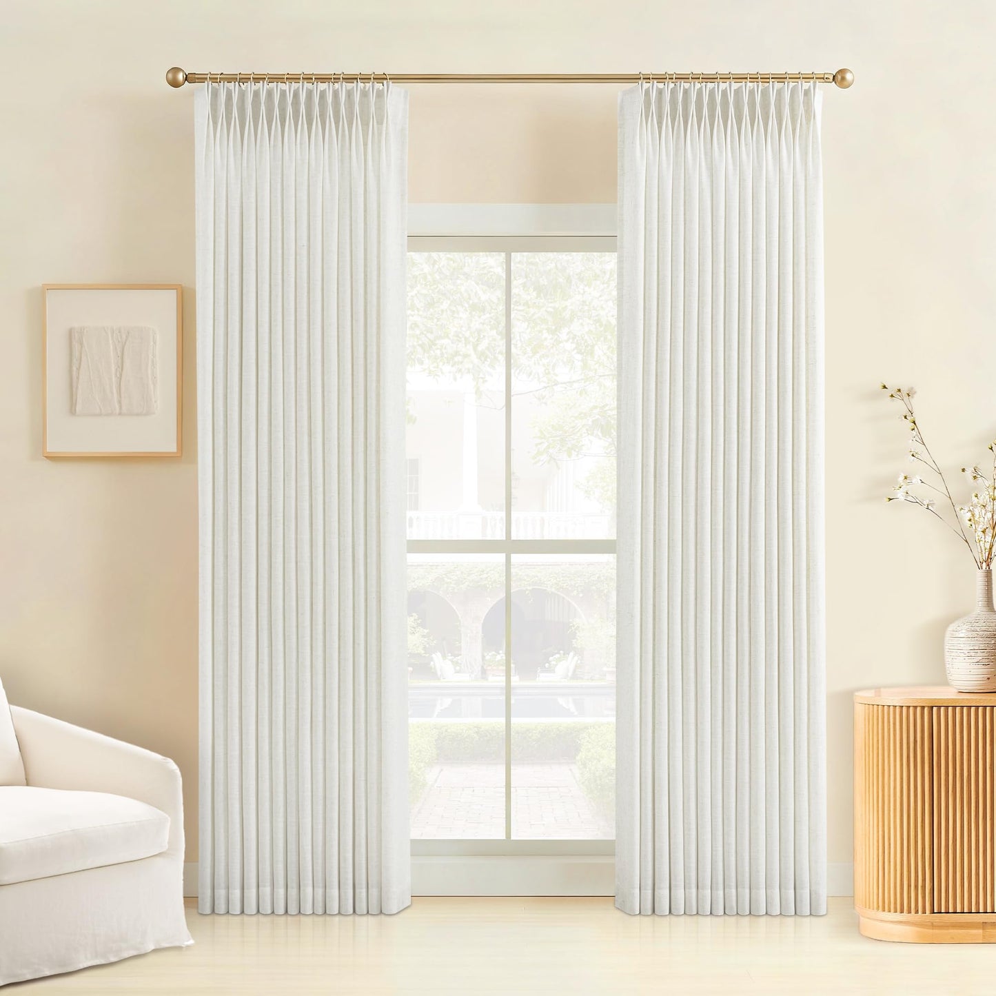 Liz Sheer Pinch Pleated Linen Curtains 102 Inches Long - Light Filtering Pleat Curtains for Living Room, Window Curtains for Bedroom, Luxury Pinch Pleated Drapes with Hooks, Natural, 2 Panels Set