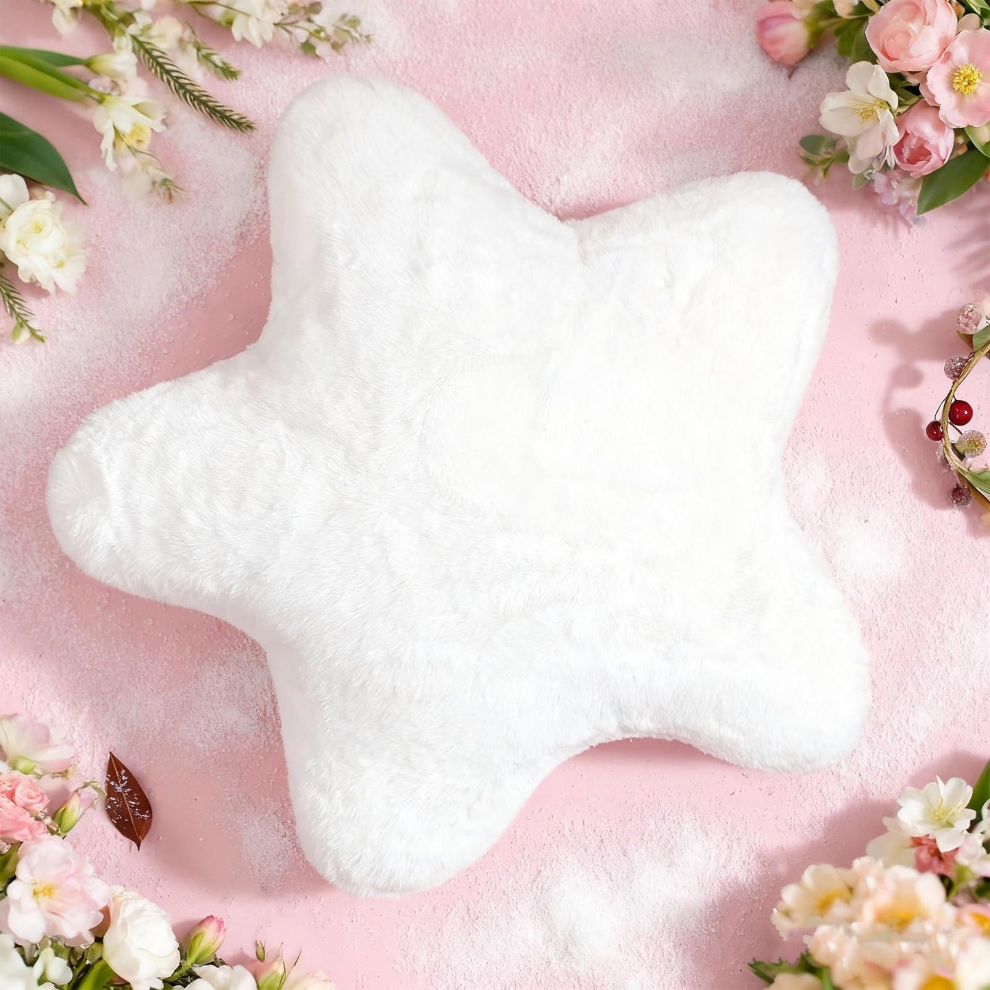 YRXRUS Star Pillows, Light Pink Star Shaped Pillow, Decorative Throw Pillow Gifts, Cute Plush Room Decor, Fluffy Faux Rabbit Fur 14"x14"Pillows for Living Bedroom