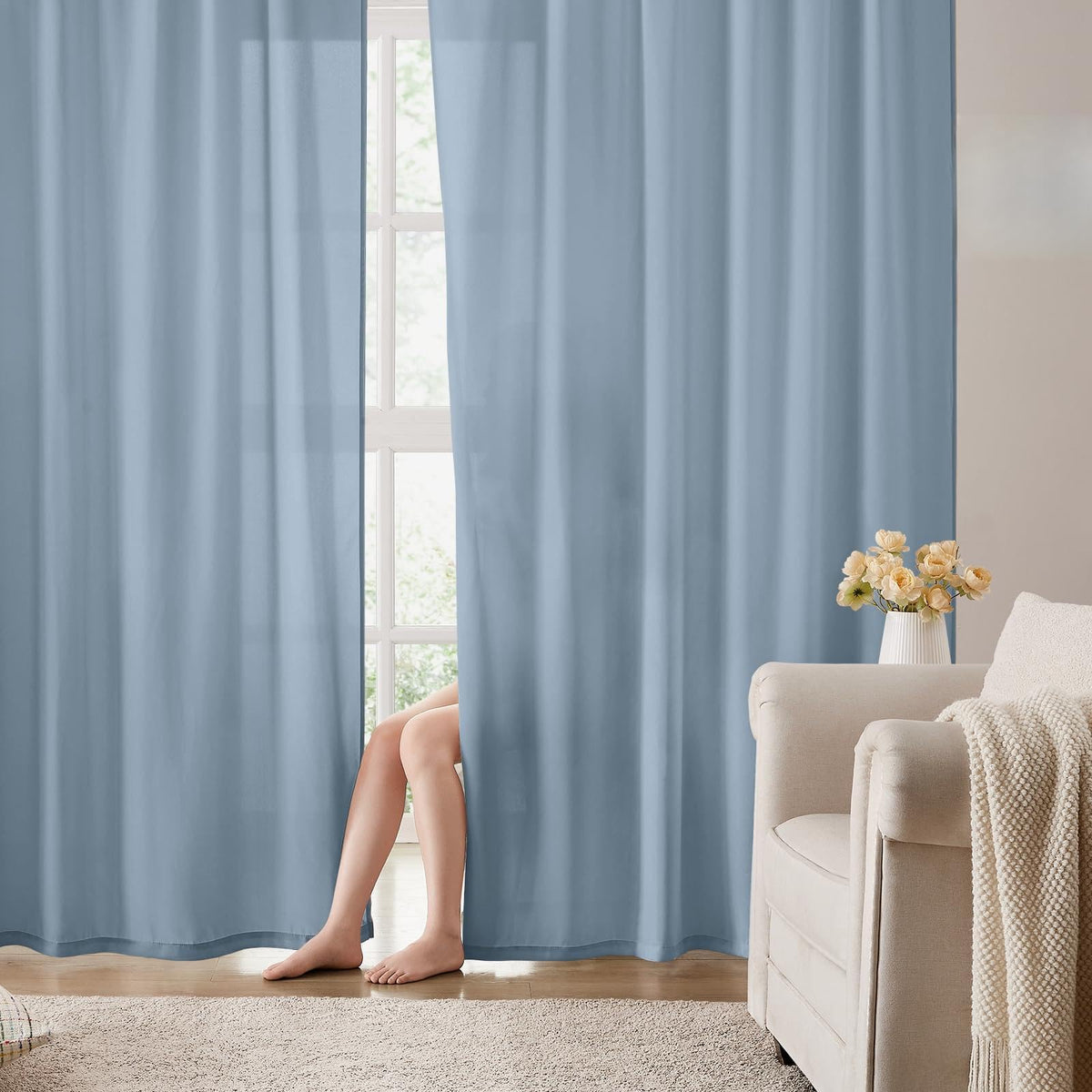 HOMEIDEAS Non-See-Through White Privacy Semi Sheer Curtains 84 Inches Long 2 Panels Set Light Filtering Curtains for Living Room Bedroom Drapes,W52xL84