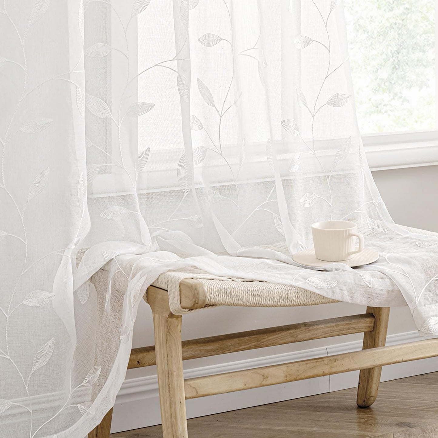 MIULEE Sage Green Sheer Curtains 2 Panels Leaf Patterned, W52 x L84 | Embroidered Floral Semi Sheer,Rod Pocket,Faux Linen,Short Window Curtains Drapes Set for Kitchen/Bathroom/Cafe