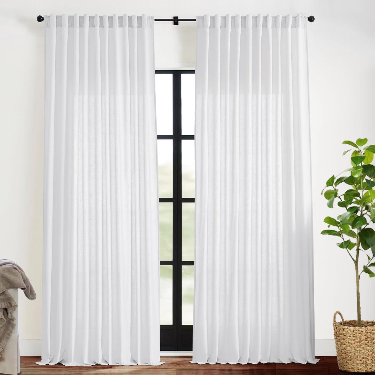 Linen Cotton Curtains for Living Room, Cream Off White Natural Fabric Light Filtering Semi Sheer Curtains 84 Inches Long, Ivory Pleated Farmhouse Curtain Drapes 84 Inch Length 2 Panels Set Dining Room