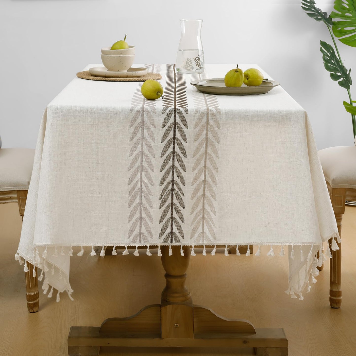 Softalker Outdoor Linen Tablecloth Rectangle, Waterproof Cotton Boho Farmhouse Table Cloths with Tassel, Heavy Weight Wrinkle Free Table Cover for Picnic Camping Dining - 55 x 70 Inch, Coffee Lines