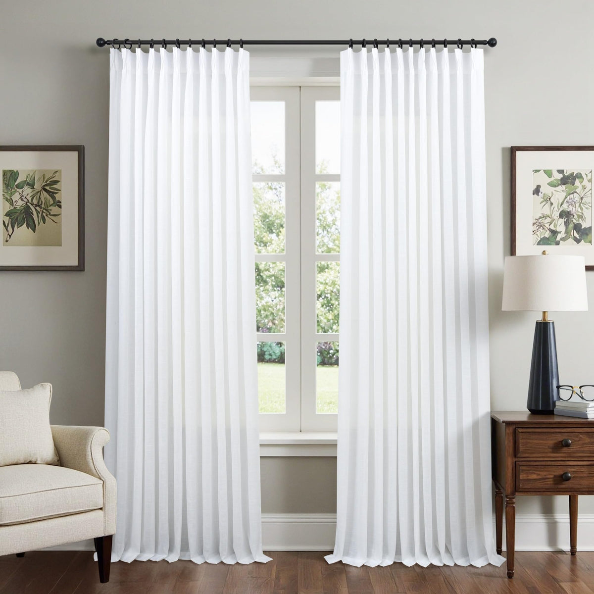 White Linen Pleated Curtains 84 Inches Long for Bedroom Back Tab Light Filtering Sheer Pinch Pleat Drapes Hook Ring Modern Farmhouse Coastal Cotton Textured Gauze Curtain Living Room 84 Length 2 Panel