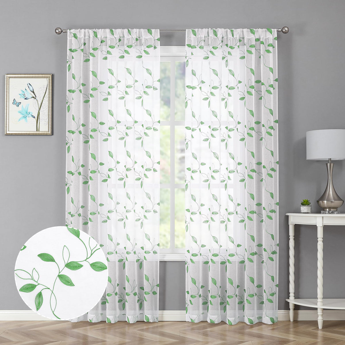 Tollpiz White Leaf Sheer Curtains Bedroom 54 x 84 Inches | Leaves Embroidered Curtain Rod Pocket Voile Window Treatment for Living Room, Set of 2 Panels