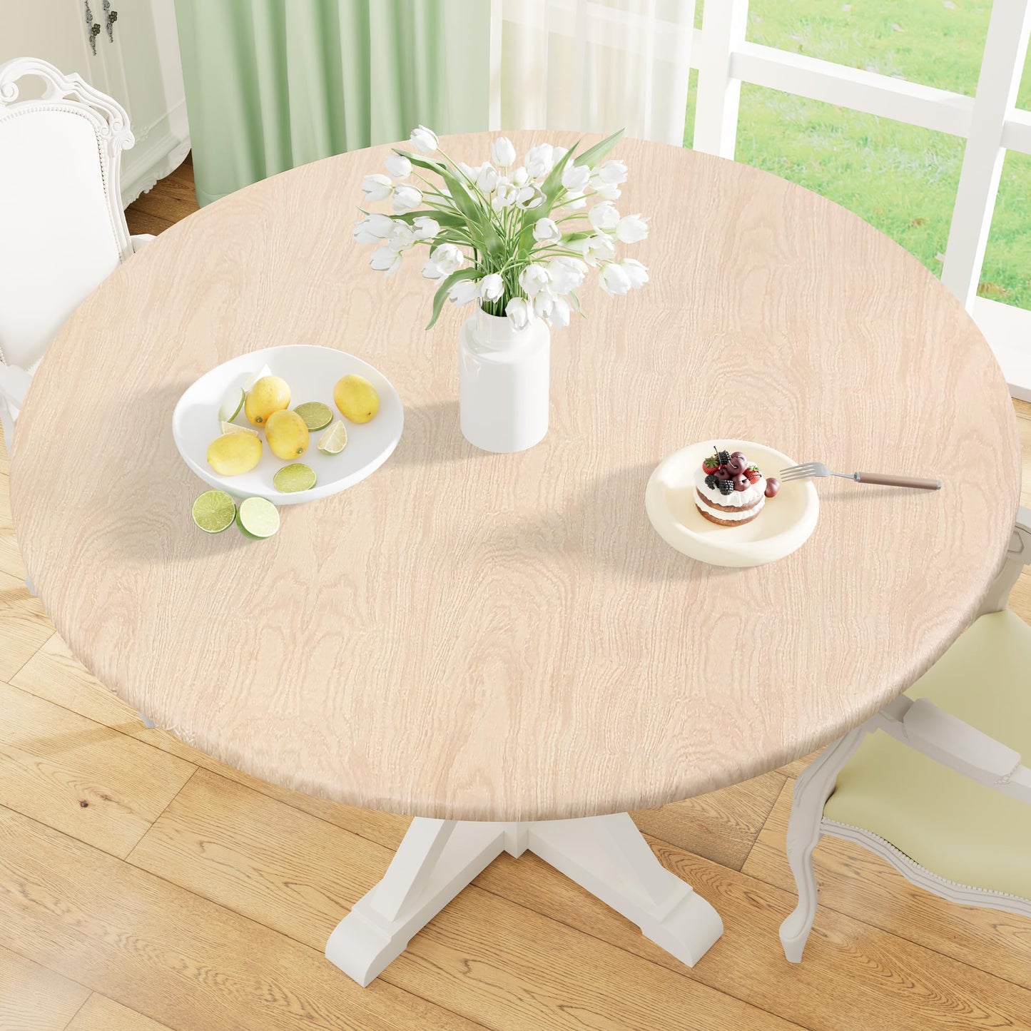 Round Fitted Tablecloth with Elastic Edge, 100% Waterproof Oil Proof Plastic Table Cover, Vinyl Flannel Backed Tablecloth Fits 36"-44" Round Tables for Dinner, Outdoor, Picnic, Oak Wooden Grain