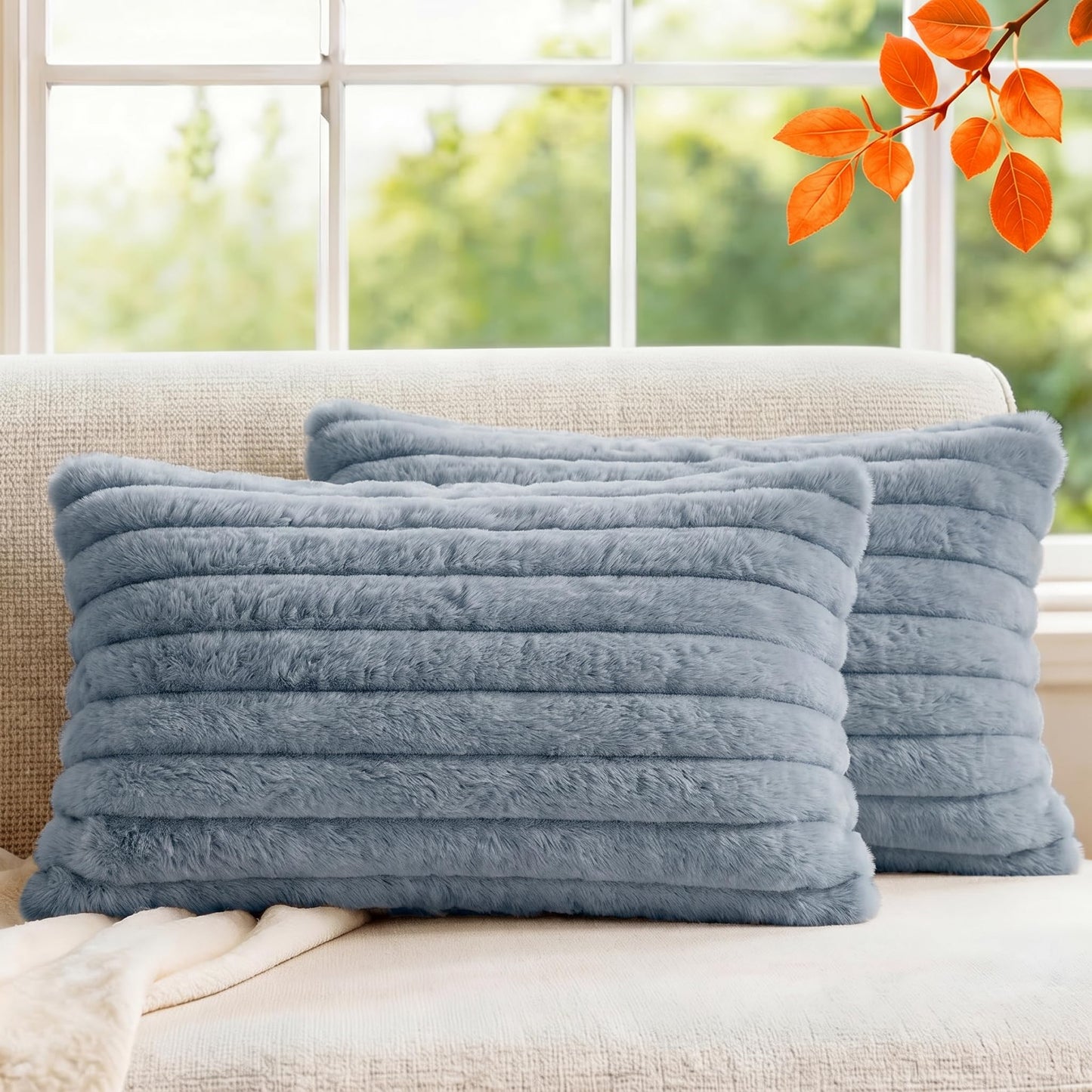 Pack of 2 Throw Pillow Covers 18x18 Decorative Solid Plush Faux Fur with Soft Velvet Back, Square Striped Cushion Cases Modern Farmhouse Home Decor for Living Room Couch Sofa Bed Cream White