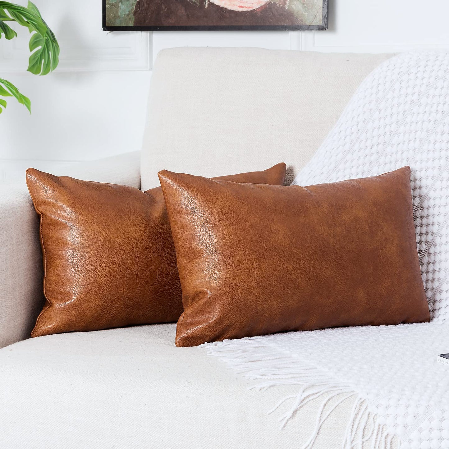 PANOD Pack of 2 Premium Faux Leather Throw Pillow Covers, Modern Luxury Decorative Lumbar Throw Pillow Case Cushion Cases for Farmhouse Sofa Couch Bed Car Outdoor,12x20 inch Brown