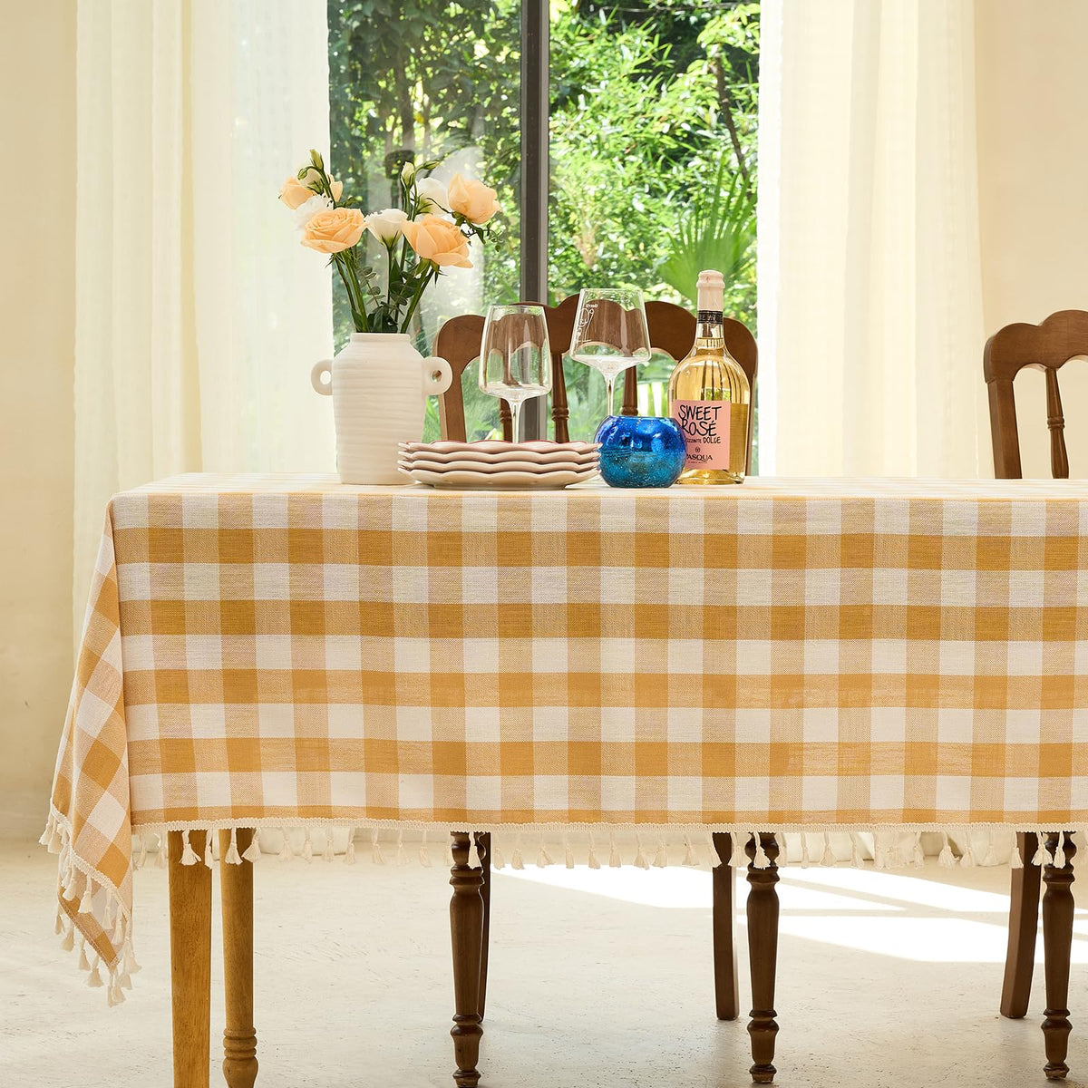 Midsummer Breeze Country Garden Green Gingham Tablecloth Rectangle 55”x84” | tassel, spring, easter, summer, picnic, outdoor, checkered, fresh, camping, Christmas, washable, wrinkle free, reusable