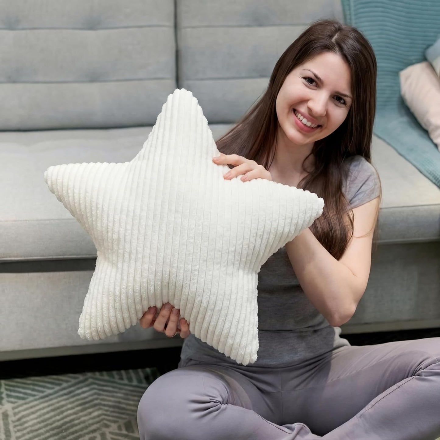 Qunclay 15" White Star Pillow Star Shaped Throw Pillows Decorative Soft Striped Faux Fur Plush for Couch Sofa Bed Modern Farmhouse Creamy Boho Aesthetic Home Bedroom Living Room Decor Boy Girl Gift