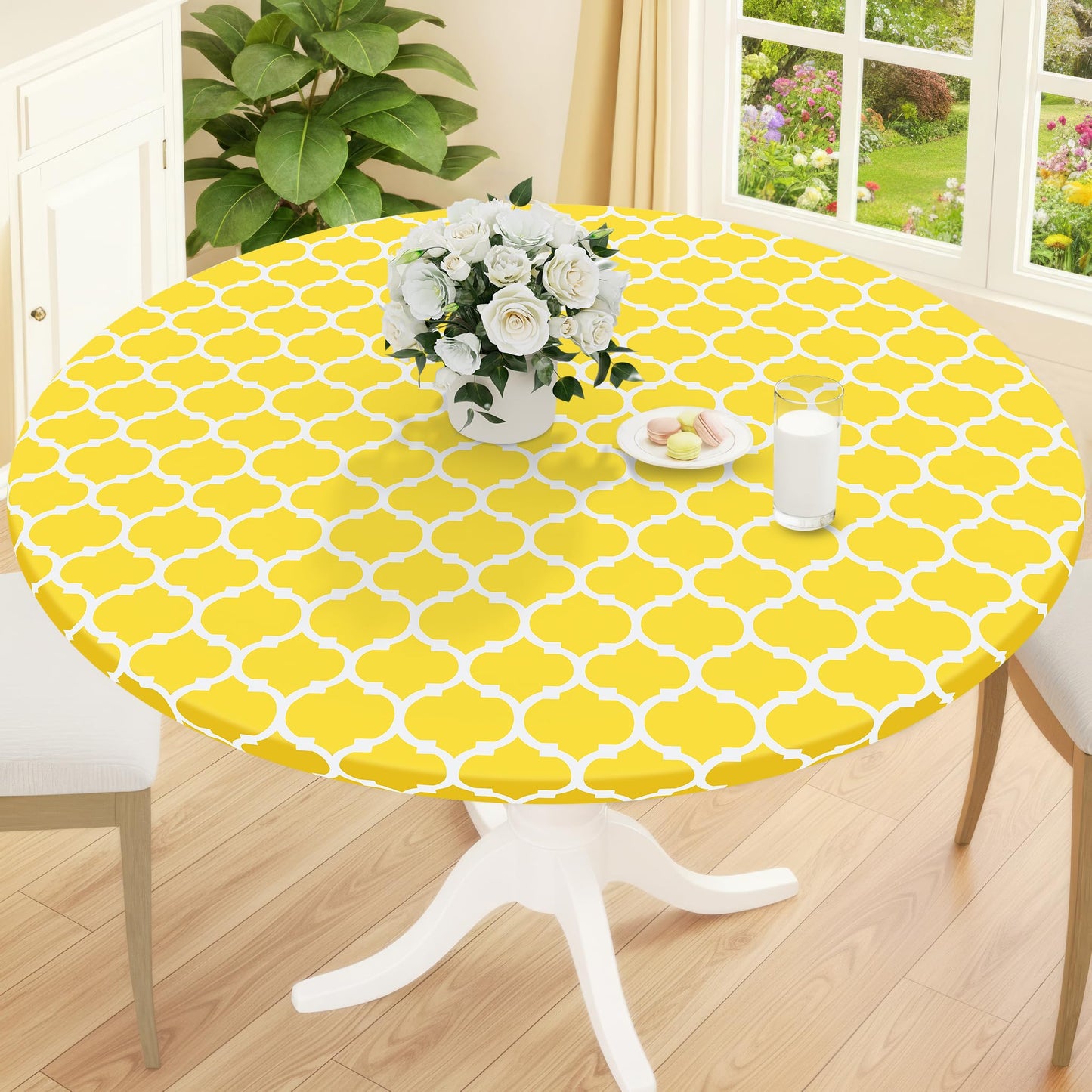 Smiry Round Picnic Tablecloth, Waterproof Elastic Fitted Table Covers for 45" - 56" Tables, Wipeable Flannel Backed Vinyl Tablecloths for Camping, Indoor, Outdoor, Grey & White