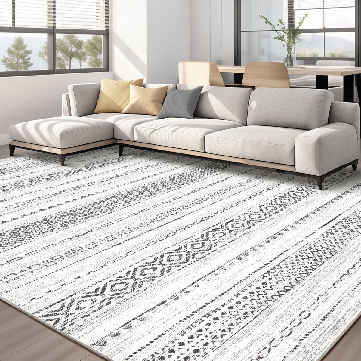 kakania 9x12 Washable Area Rug: Non Slip Soft Thin Carpet, Boho Geometric Modern Decor, Easy Clean Indoor Floor Large Rugs for Living Room Bedroom Kids Dorm Office Dining - Brown