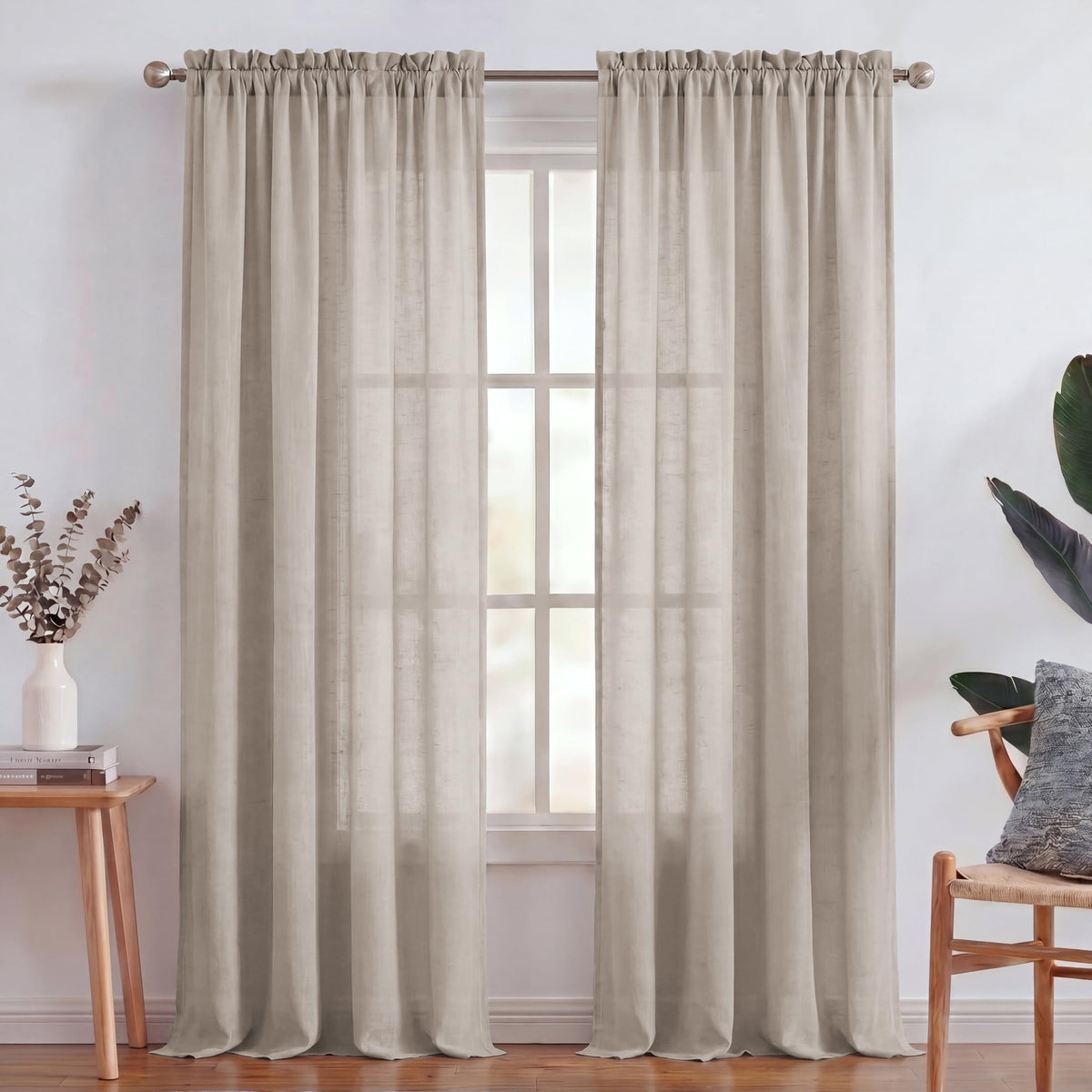 Turquoize White Linen Curtains 96 Inches Long Semi Sheer Curtains Light Filtering Linen Drapes for Living Room/Bedroom 2 Panels Set Rod Pocket Window Treatments Panels,W52 x L96, White