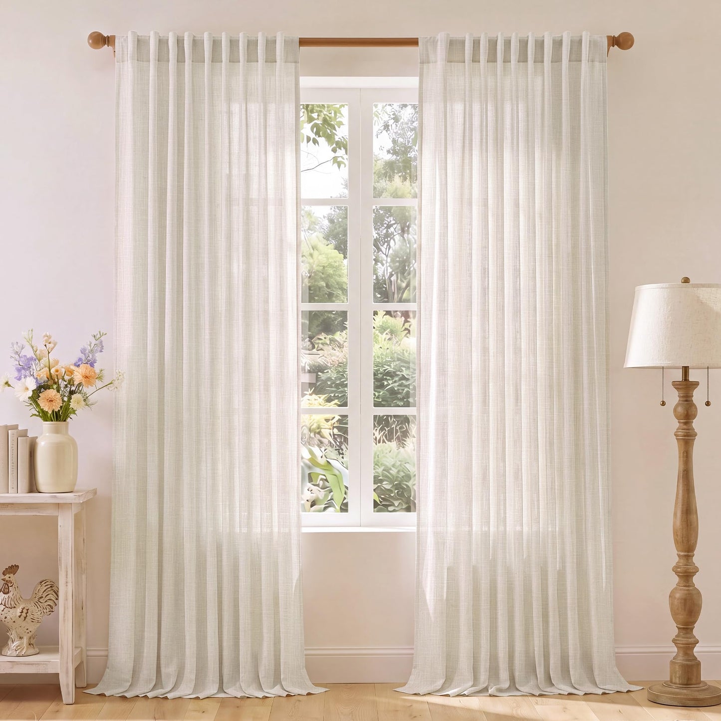 NICETOWN Semi Sheer White Curtains 84 inch Long, Rod Pocket & Back Tab Sheer Linen Curtains & Drapes Balance Privacy & Light Panels for Bedroom/Living Room, W52 x L84, 2 Panels
