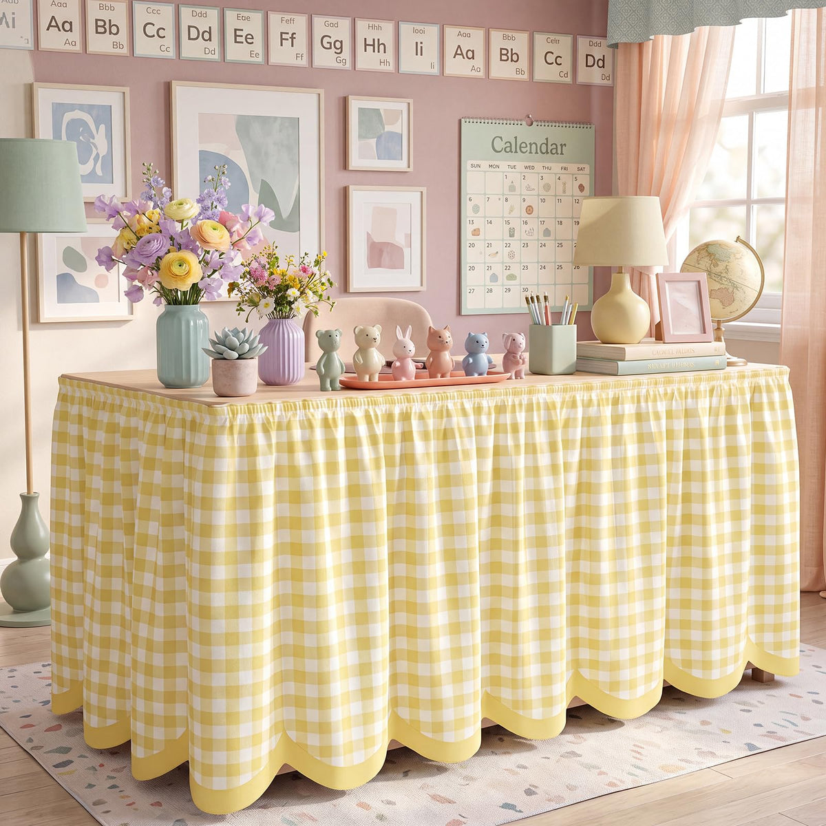 Teacher Desk Skirt 6 ft Pastel Checkered Classroom Decor | Ruffled Table Cover for Teacher Desk, Fits Kindergarten Office Decor, Back to School Classroom Supplies