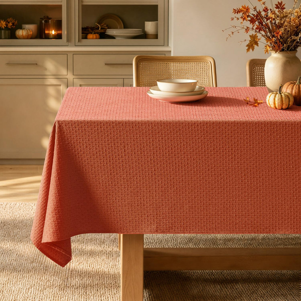 MIULEE Natural Beige Linen Cotton Table Cloth Rectangle Tablecloth Spring Waterproof Spillproof Cross-Star Textured Table Cloth Decorative Farmhouse Style for Dining Party Weddings 52x70 Inch