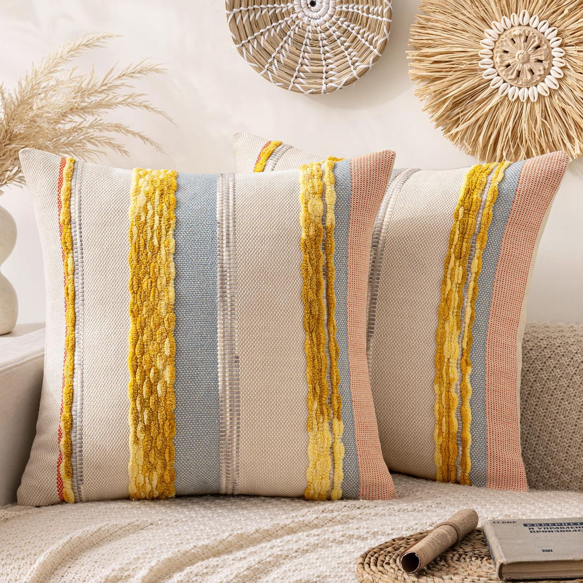 ANRODUO Boho Decorative Pillow Covers Olive Green Stripe 18x18 Pack of 2 | Throw Pillow Covers, Farmhouse Cushion Case, Chenille Pillow Cases, Pillow Covers, Accent Neutral Pillowcase for Couch Bed