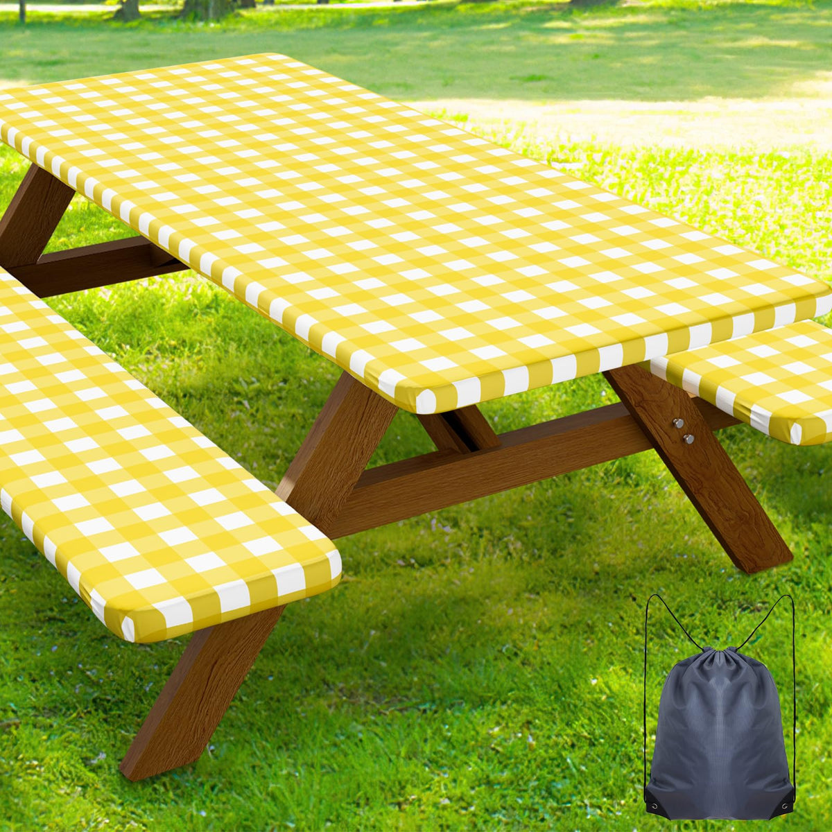Smiry 6FT Picnic Table Cover with Bench Covers, Elastic Fitted Tablecloth | Waterproof Washable Rectangle Tablecloths ,Buffalo Plaid Tablecloth for Dining, Camping, Outdoor (Black & White, 30" x 72")