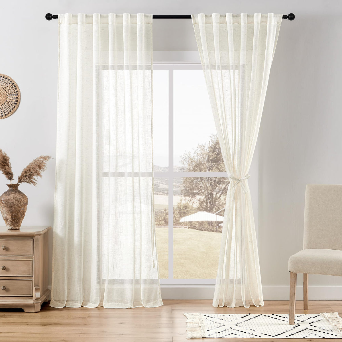 DWCN White Faux Linen Sheer Curtains, 2 Panels, 52x84 Inch | Faux Linen Textured Curtains with Rod Pocket & Back Tab, Semi Voile Light Airy Gauzy Privacy Drapes for Living Room Bedroom
