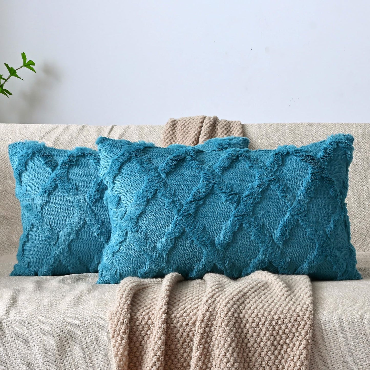 Set of 2 Soft Moroccan Throw Pillow Covers 18x18 Inch Plush Boho Decorative Pillow Cover Accent Cushion Case for Couch Sofa Bed, Beige