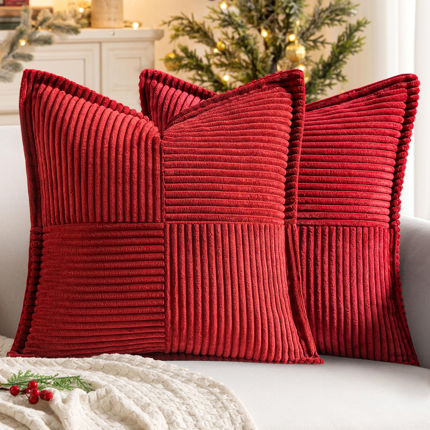 MIULEE Decorative Throw Pillow Covers for Couch 18x18 Inch Beige 2 Pack | Boho Broadside Striped Patchwork Pillow Covers, Soft Corduroy Cushion Cases, For Sofa Bed Livingroom Home Decor