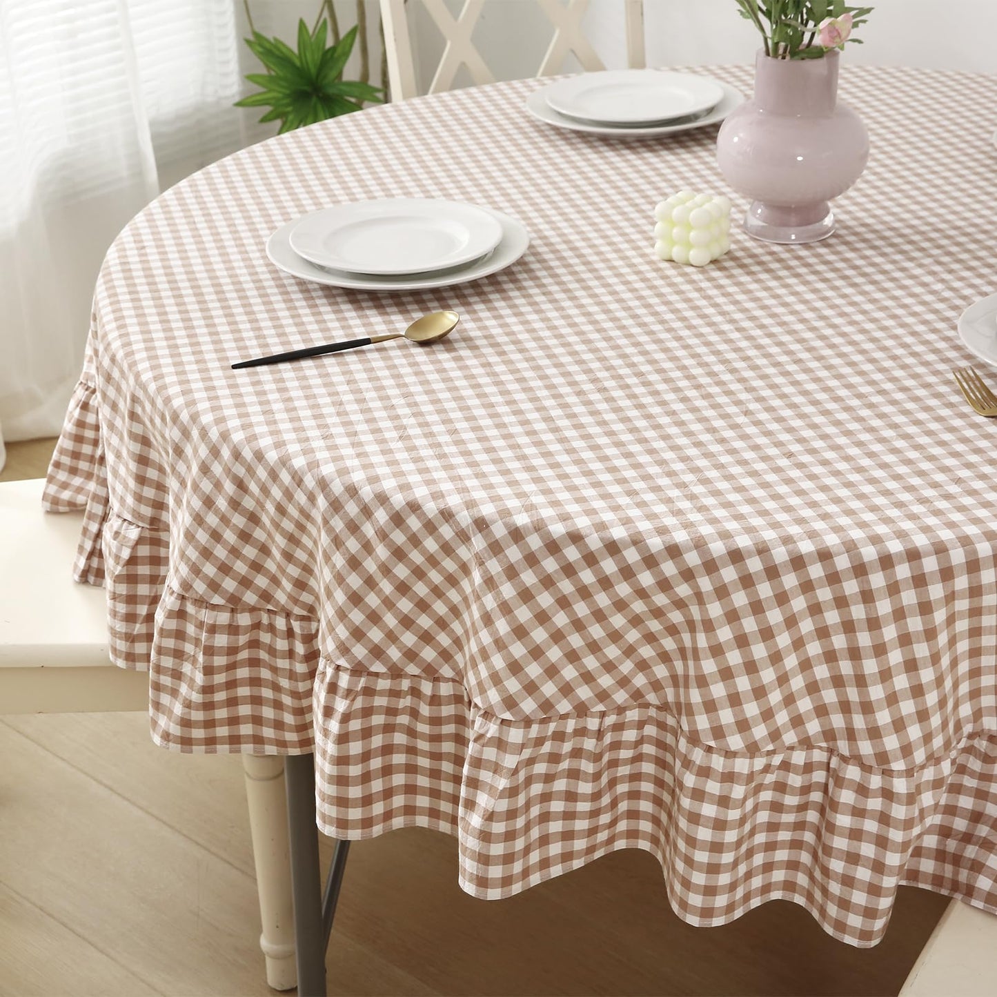 Blush White Gingham Ruffled Table Cloth Rectangular 120“x60” | 100% Washed Cotton, for Seat 8-10, Buffet Picnic Baby Shower Party Tablecloth, Decorative Checker Plaid Farmhouse Table Cover