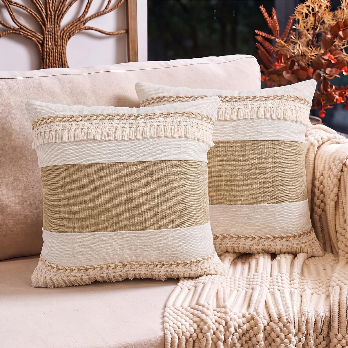 Boho Fringe Throw Pillow Covers 18x18 inch | Khaki and Cream Linen Cushion Covers,Stripe Hemp Lace Tassel Decorative, Neutral Farmhouse Pillow Covers for Couch Sofa