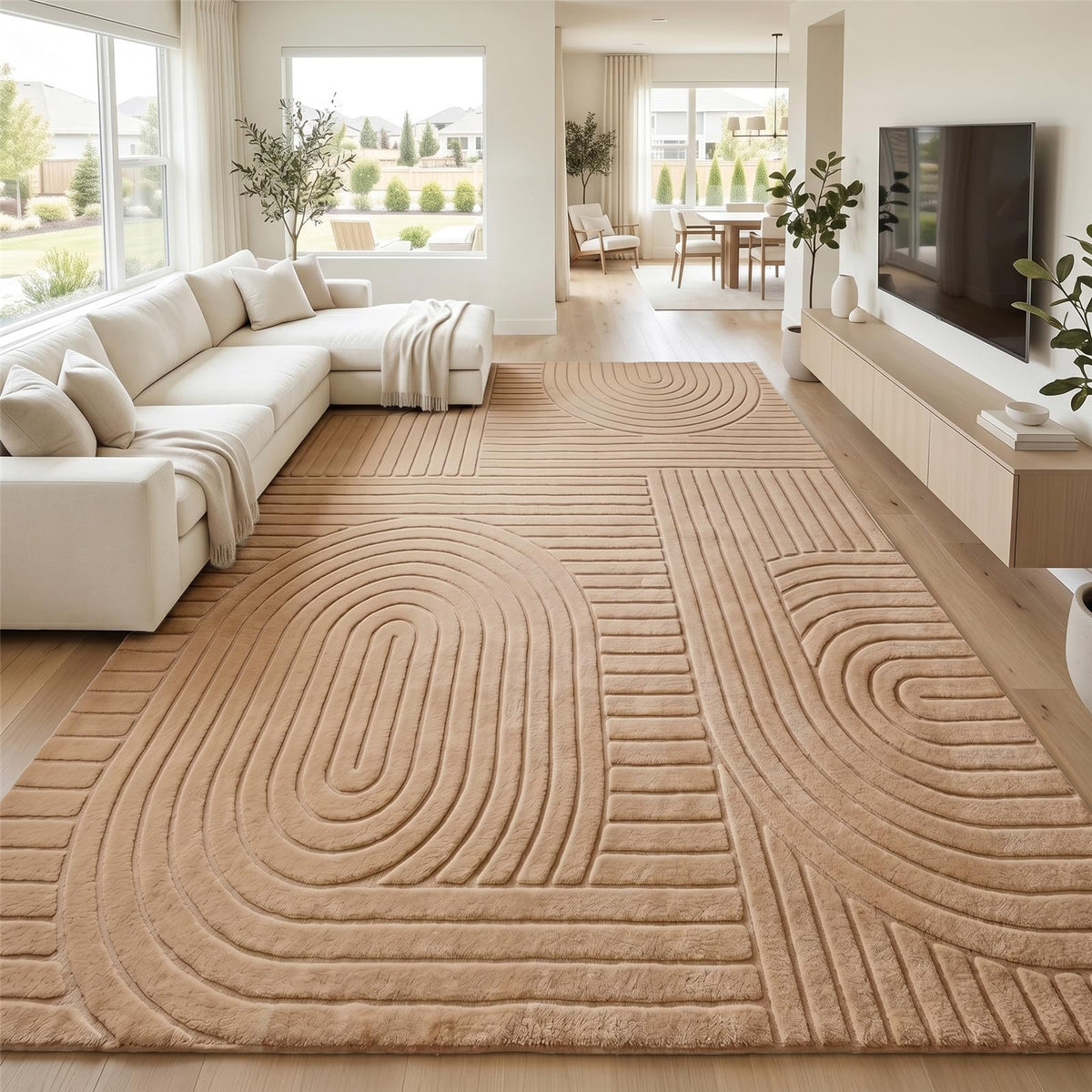 Beige Solid Area Rug 8x10, Washable Rugs for Living Room Bedroom | Modern Neutral Boho Geometric High-Low Pile Carpet, Soft, Fluffy Non-Slip Rugs for Nursery, Kids Room, Apartment, Home Office