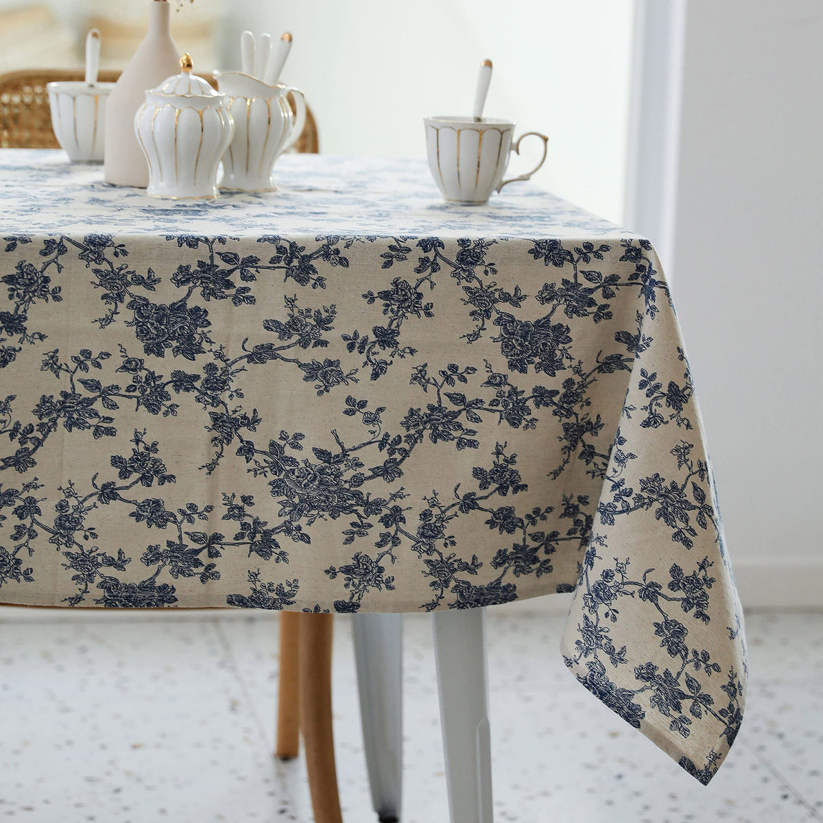Pastoral Rectangle Tablecloth - 60 x 102 Inch Table Cloth - Washable Table Cover with Dust-Proof Wrinkle Resistant for Restaurant, Picnic, Indoor and Outdoor Dining, Floral (Dark Blue)