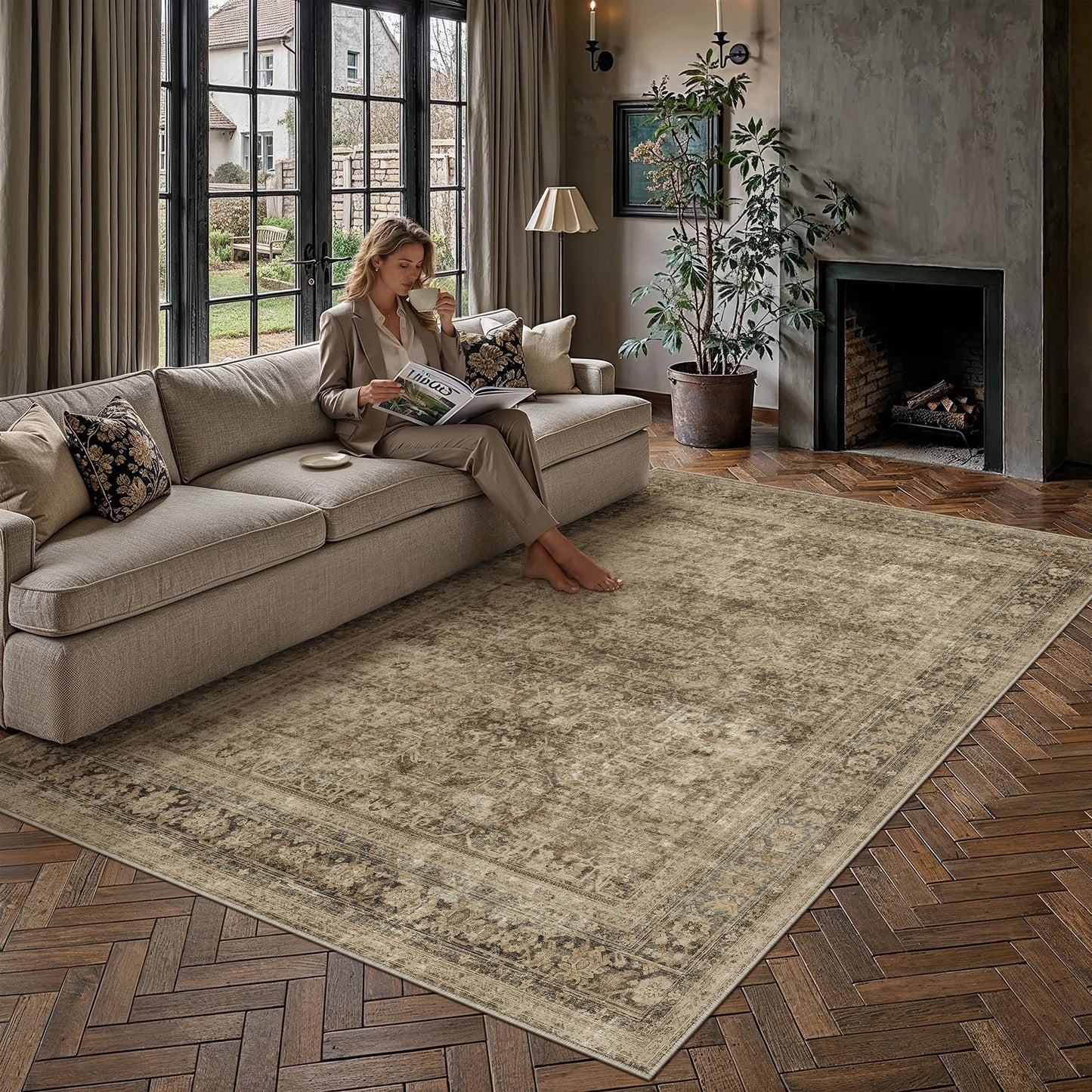 8x10 Area Rug Brown Vintage Distressed Carpet | Washable, Non Slip, Soft Low Pile, Indoor Retro Rugs for Large Living Room, Dining Room, Bedroom