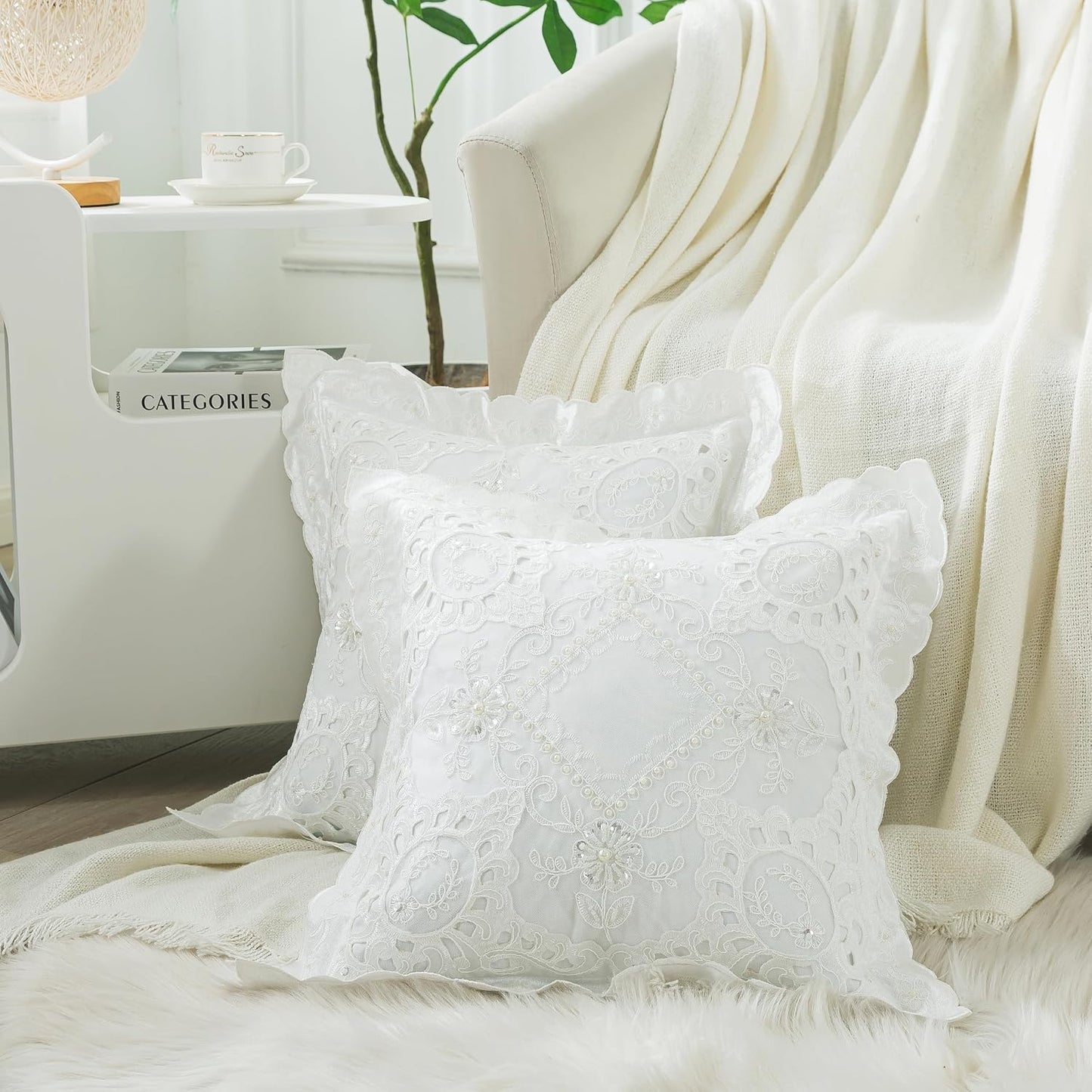 White Embroidery Throw Pillow Cover with Floral Hand Beaded 16"x16", 1 Pack | Handmade Cushion Cover, Wedding Pillowcases, Cotton Blending Silk