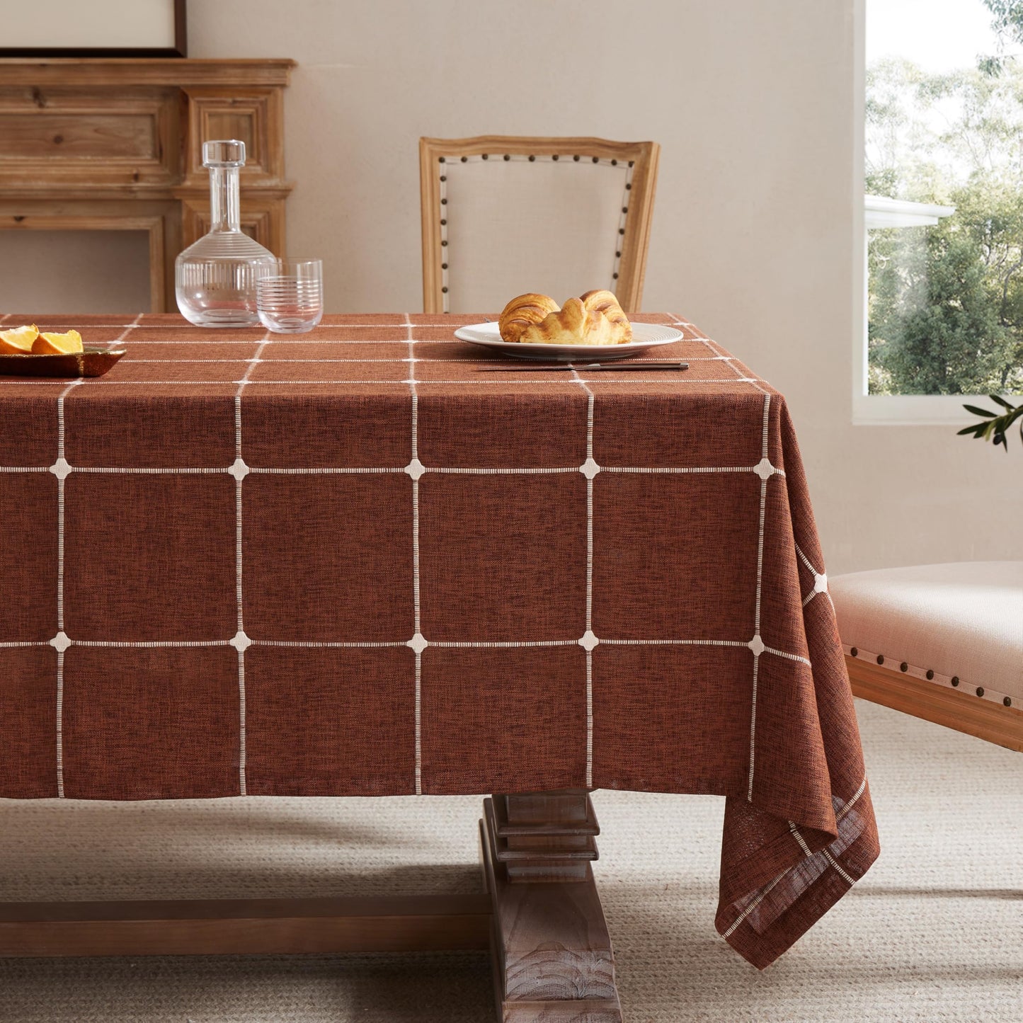 Grid Embroidered Rectangle Hemmed Tablecloths 60x120in, Blue | Heavy Weight Non-sheer Linen Fabric, Mitered Corner Finish, Water Resistant Farmhouse Table Cover, Boho Plaid Home Decor