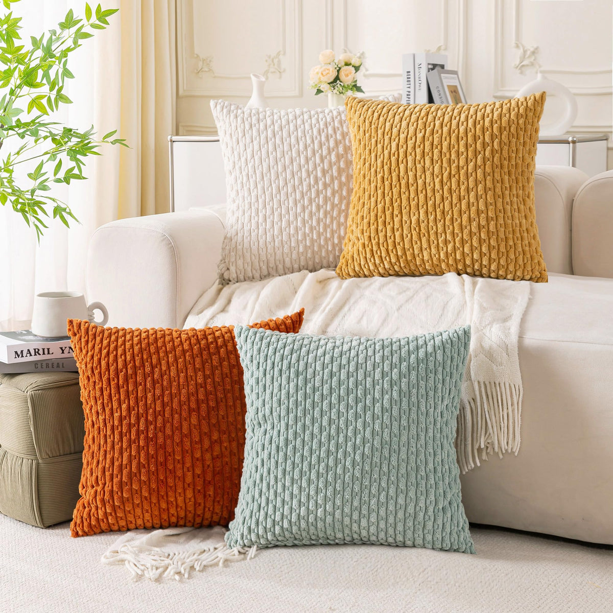 Set of 4 Neutral Decorative Throw Pillow Covers 18x18 Inch Corduroy Pillow Covers for Bed Couch Sofa Living Room Soft Square Cushion Cases