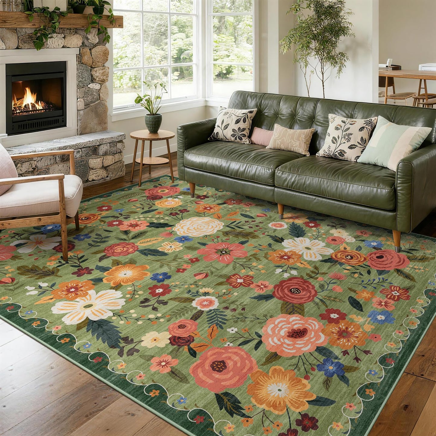 5x7 Washable Area Rug Green Boho Floral for Living Room Bedroom Nursery | Carpet for Dining Room, Soft Low-Pile Non-Slip Faux Wool, Farmhouse Indoor, Kid & Pet Friendly, Stain, Fade & Wear Resistant