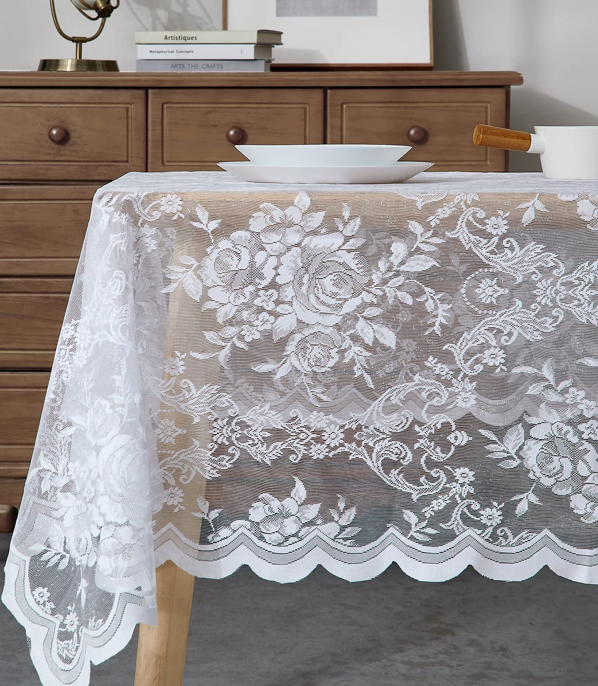 Warm Home Designs 60 x 120 Gold Rectangle Lace Tablecloth. LTC Linen 120 | Golden Rectangle Tablecloth with English Rose Design. Rustic Rectangular Tablecloth or Dining Table Cover for 10-12 Guests.