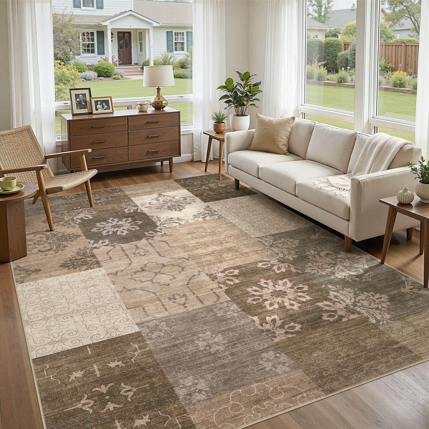 UERMEI 9x12 Area Rug Living Room Rugs - Washable Neutral Modern Abstract Soft Thin Large Rug Indoor Floor No Slip Rug Carpet for Bedroom Under Dining Table Home Office Decor - Brown Grey