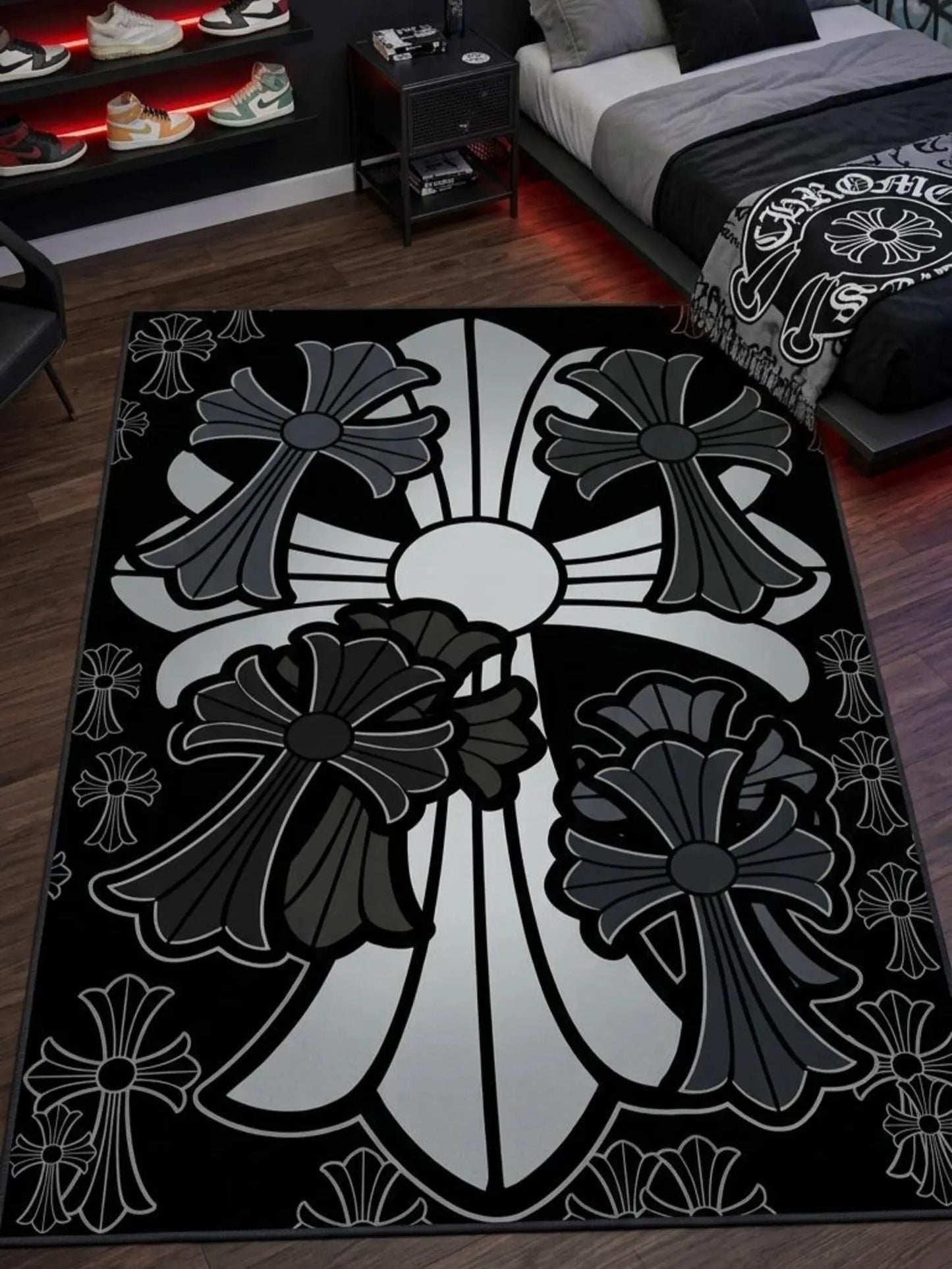 Stylized Gothic Cross Area Rug - Black Charcoal Silver Palette, Hypebeast Streetwear Themed Household Textile Decor