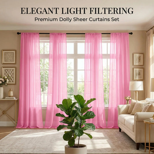 4 Panels 34"x84" Solid Color Doria Sheer Rod Pocket Curtains, Grid Linen Textured Light Filtering Voile, Plain Neutral Semi Sheer Window Drapes for Farmhouse Boho Cottage Bedroom Living Room Decor FT2630